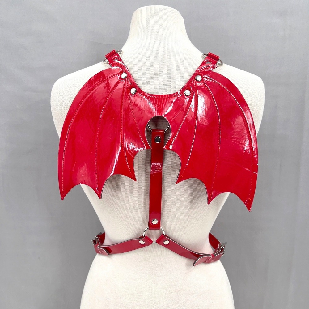 Red Patent Vinyl Demon Bat Wing Body Harness Devil Rave Festival Costume OS